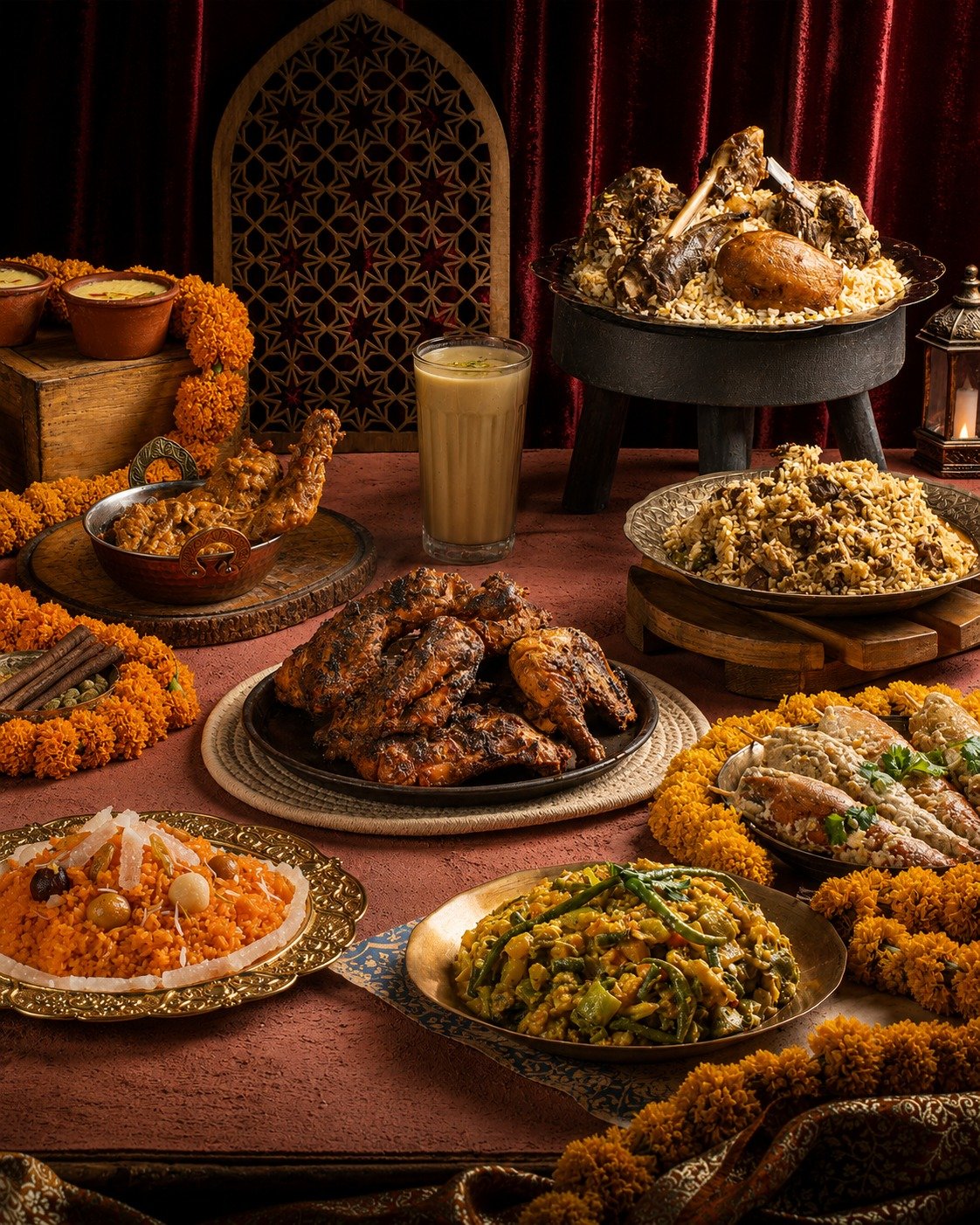 Traditional catering dishes and biryani spread