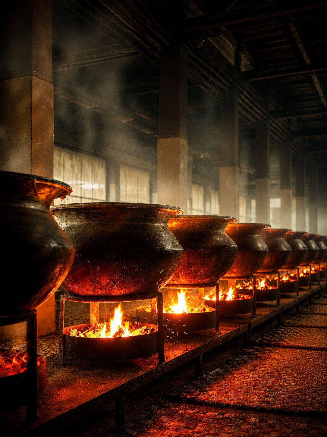Traditional catering pots cooking over open flames