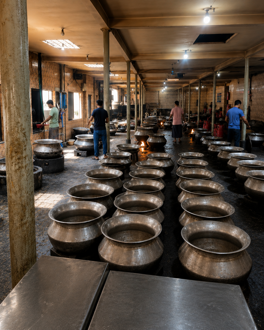 Large catering kitchen with traditional cooking pots