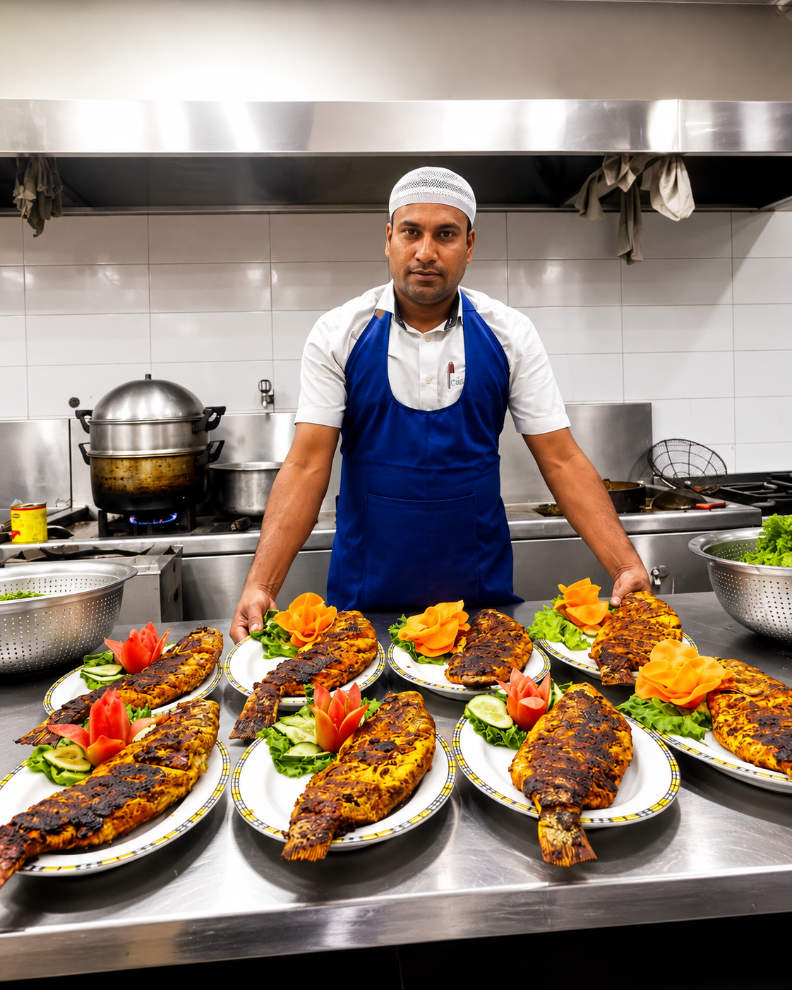 Chef presenting grilled fish dishes